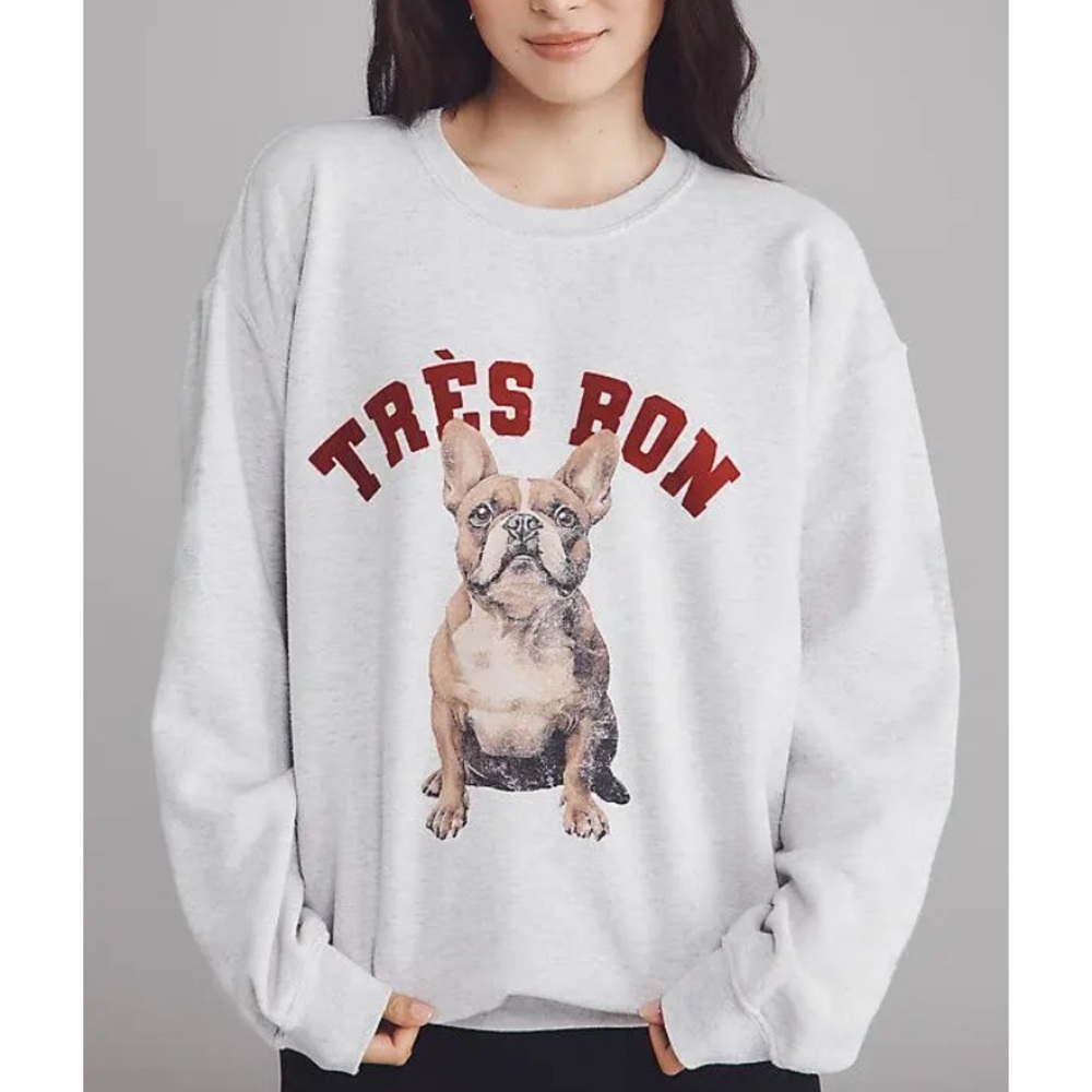 37) NWOT Anthropologie Oversized Dog Graphic Sweatshirt Grey Frenchie minor flaw
